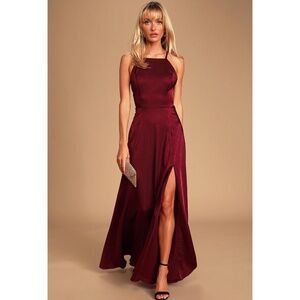 Burgundy Satin Backless Maxi Dress